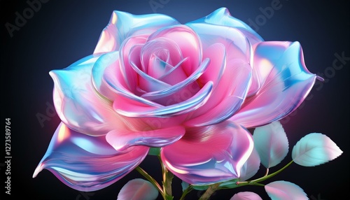 ピンクのバラの花が流れるようなホログラフィックな色合いで表現された3Dレンダリングのカットアウト
