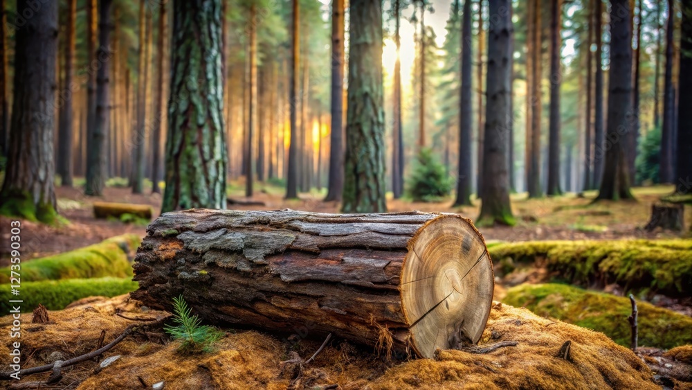 Forest sunrise a large fallen log rests on mossy ground, bathed in golden sunlight filtering through tall trees Forest sunrise a large fallen log rests on mossy ground, bathed in golden sunlight filtering through tall trees