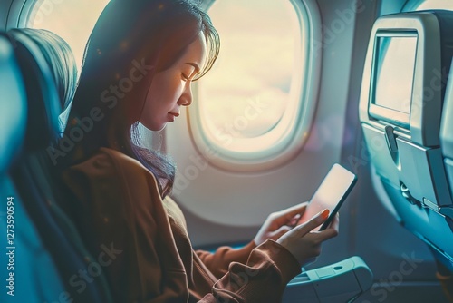Business woman focused on tablet while seated on an airplane