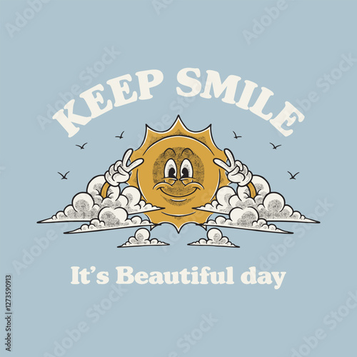 happy sun between clouds retro cartoon mascot