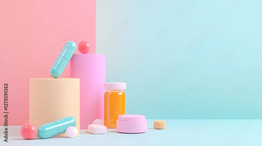 Colorful arrangement of various medicine containers and pill on a pastel background Colorful arrangement of various medicine containers and pill on a pastel background