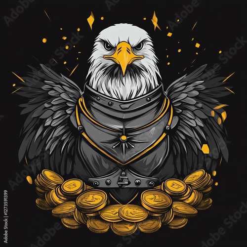 A fierce eagle wearing armor, surrounded by gold coins, symbolizes strength and wealth. Perfect for bold graphics and merchandise. photo