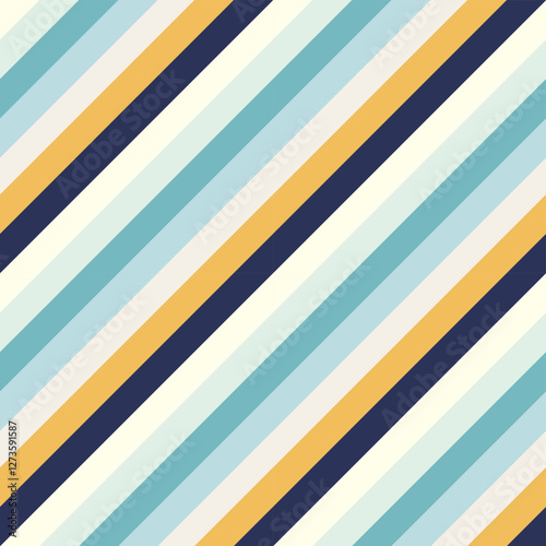 vibrant pattern of diagonal stripes in alternating colors of light blue, yellow, navy blue, seamless geometric pattern, vintage 1970s retro vibe