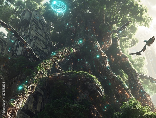 A dense ancient rainforest intertwined with glowing cybernetic roots overtaking a once-thriving futuristic civilization with holographic birds flying overhead