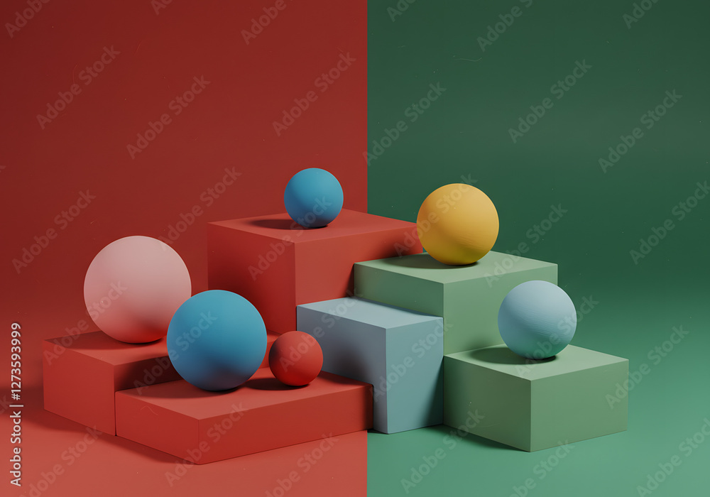 Abstract Geometric Composition with Spheres and Stairs, Generative AI image, Colorful Minimalist Background with Balls and Steps, Generative AI image Abstract Geometric Composition with Spheres and Stairs, Generative AI image, Colorful Minimalist Background with Balls and Steps, Generative AI image