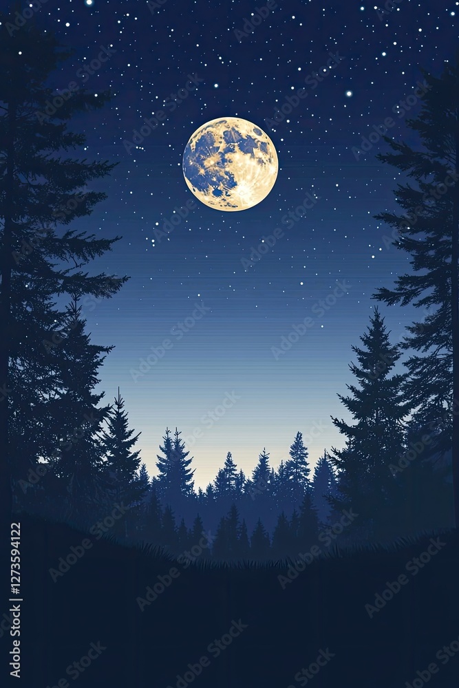 Naklejka premium Moonlit Forest Silhouette at Night