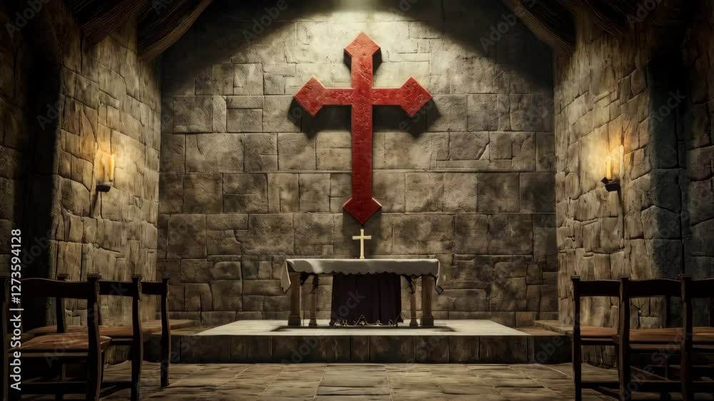 A medieval stone templar chapel interior with a red cross on the wall, an altar, and chairs in front of it, with dim lighting