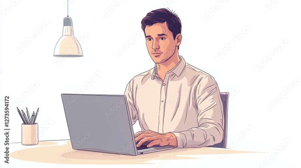 Focused Professional Working at a Laptop in a Modern Workspace Focused Professional Working at a Laptop in a Modern Workspace