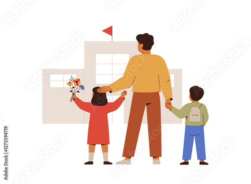 Back to school. Father with daughter and son at the first day of study year near school building. Dad and siblings with backpack and flowers walk to the class. Elementary education concept. Vector
