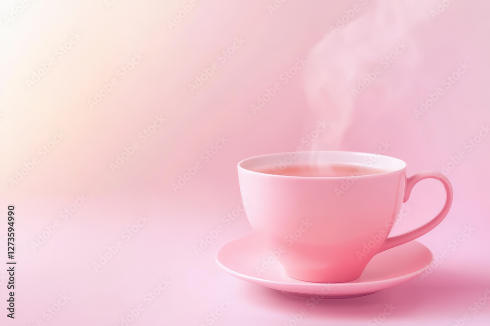 Steaming pink teacup on soft pastel background for tranquil morning Steaming pink teacup on soft pastel background for tranquil morning