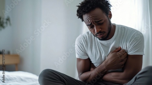 Withdrawal symptoms cause physical discomfort. A person hunched over, holding their stomach