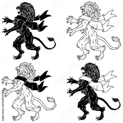 Rampant lion with heraldic ribbon