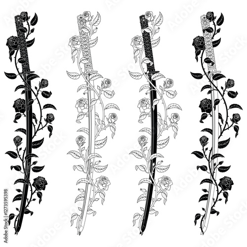 Ancient Japanese katana surrounded with roses