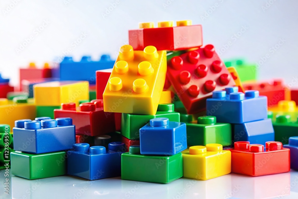 Colorful Toy Building Blocks Scattered on White Background - Creative Playful Construction Pieces Colorful Toy Building Blocks Scattered on White Background - Creative Playful Construction Pieces