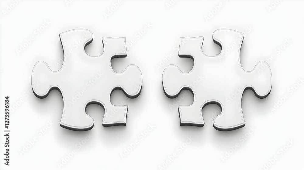 Two white puzzle pieces, connection, solution, white background, teamwork concept Two white puzzle pieces, connection, solution, white background, teamwork concept