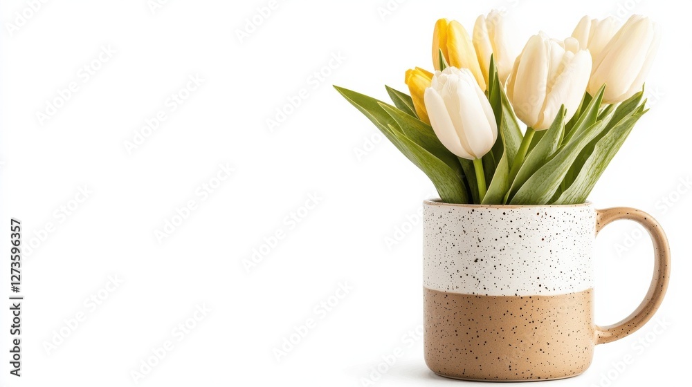 Obraz premium A stylish mug filled with white and yellow tulips, featuring a speckled design and earthy tones, perfect for home decor.