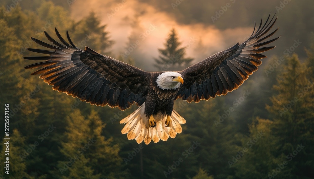 Obraz premium Majestic Bald Eagle Soaring Through Misty Forest