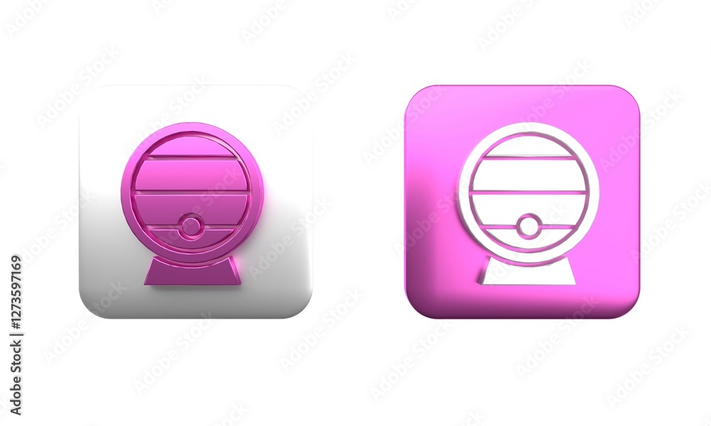 Colorful Wooden barrel on rack with stopcock icon isolated on white background. Square button. 3D render illustration Colorful Wooden barrel on rack with stopcock icon isolated on white background. Square button. 3D render illustration