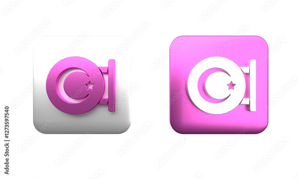 Colorful Star and crescent - symbol of Islam icon isolated on white background. Religion symbol. Square button. 3D render illustration Colorful Star and crescent - symbol of Islam icon isolated on white background. Religion symbol. Square button. 3D render illustration