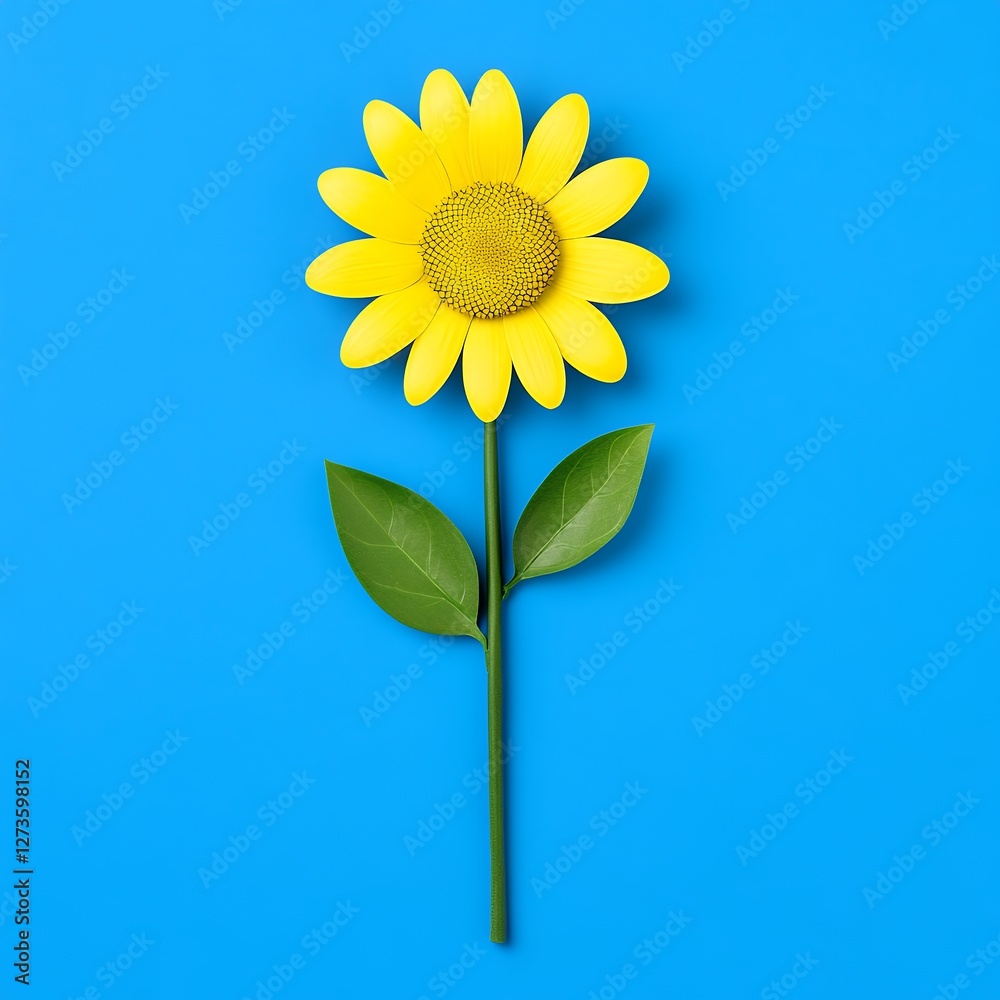 Fototapeta premium Single Vibrant Yellow Sunflower with Green Leaves Against a Solid Blue Background