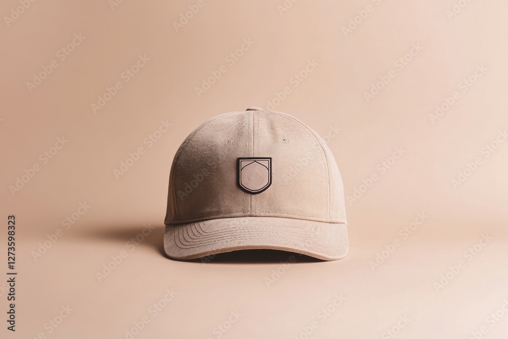 Fototapeta premium A minimalist beige baseball cap with shield shaped patch