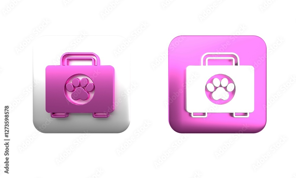 Colorful Pet first aid kit icon isolated on white background. Dog or cat paw print. Clinic box. Square button. 3D render illustration Colorful Pet first aid kit icon isolated on white background. Dog or cat paw print. Clinic box. Square button. 3D render illustration