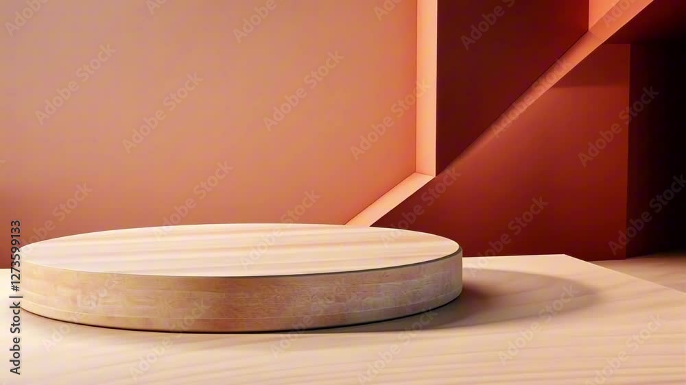 Creative display of modern design elements in an artistic setup with wooden circular platform Creative display of modern design elements in an artistic setup with wooden circular platform