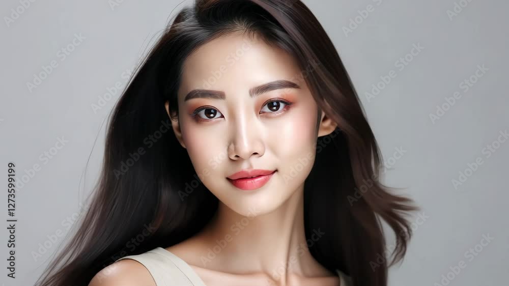 Captivating portrait of Asian model, young woman with flowing hair and radiant skin in a serene setting Captivating portrait of Asian model, young woman with flowing hair and radiant skin in a serene setting