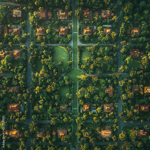 An aerial view of a sprawling metropolis with grid-like streets, parks, and residential areas under a clear sky