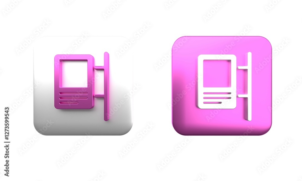 Colorful Road traffic sign. Signpost icon isolated on white background. Pointer symbol. Isolated street information sign. Direction sign. Square button. 3D render illustration Colorful Road traffic sign. Signpost icon isolated on white background. Pointer symbol. Isolated street information sign. Direction sign. Square button. 3D render illustration