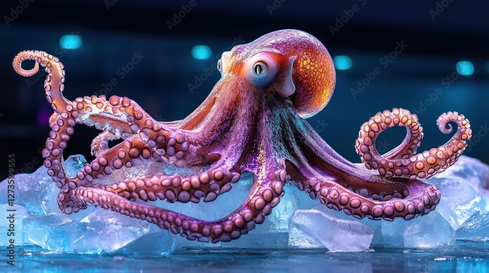 Naklejka premium A stunning ice sculpture of a giant octopus with delicate tentacles, illuminated by soft purple lighting at an international ice competition, highly detailed