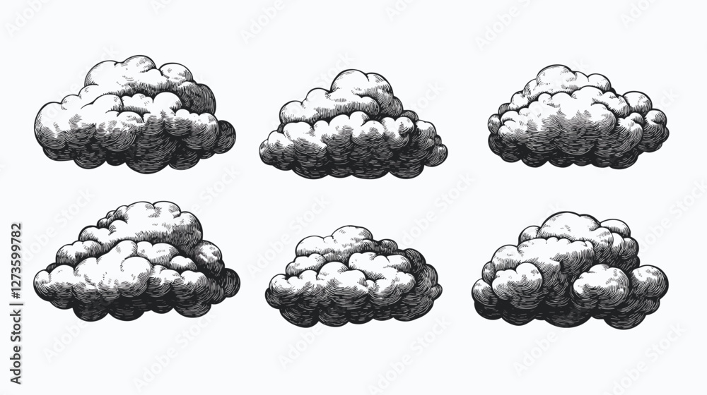Set of clouds in vintage retro engraved woodcut style isolated on white background. Engraving design elements. Landscape elements in sketch style. Vector illustration