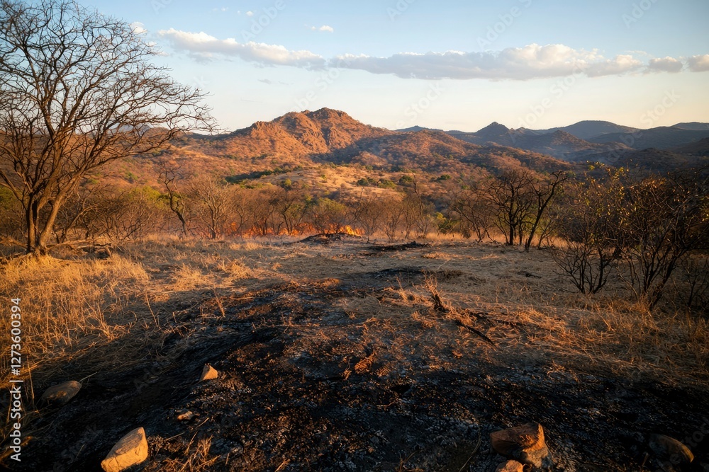 African sunset on mountain landscape after controlled burn, for ecology study African sunset on mountain landscape after controlled burn, for ecology study