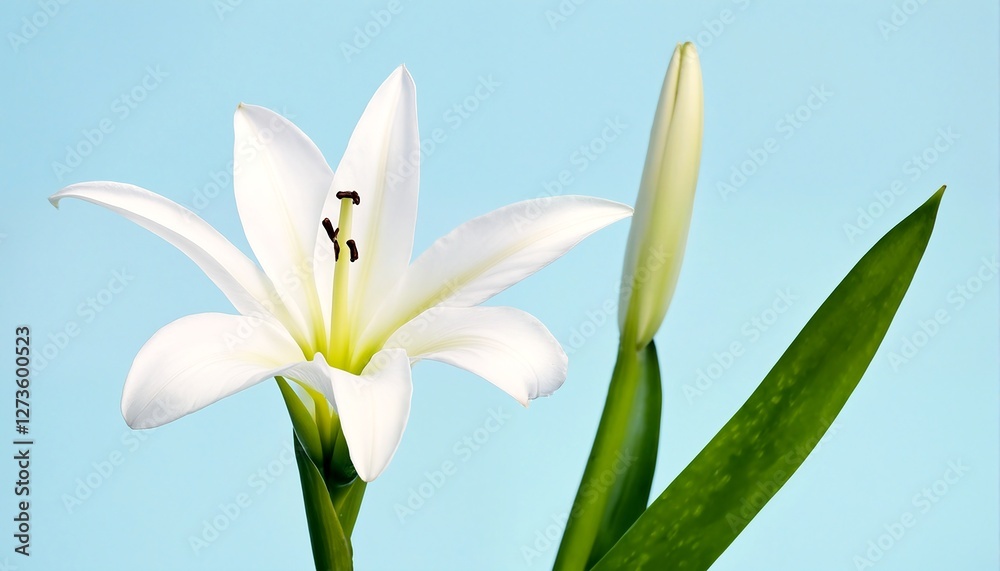 Fototapeta premium a white lily with green leaves on a light blue background.