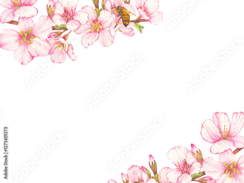 Frame of hand-painted watercolor illustration of fruit tree blossom with bees on flowers. The theme of farming, spring, bees, apiary, honey. Ideal for seasonal holidays, weddings, children's themes.