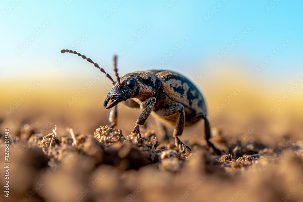 Weevil Walking on Soil Under Clear Sky for agricultural or biological purposes