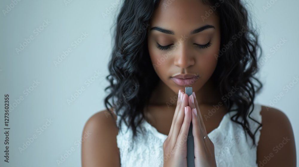 Peaceful Young Woman Praying with Closed Eyes Peaceful Young Woman Praying with Closed Eyes