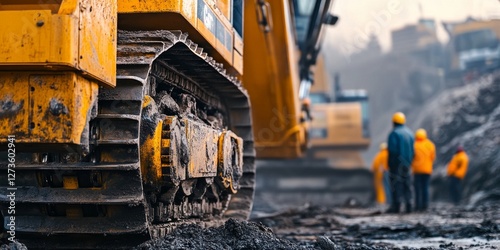 Heavy duty excavator tracks close up in industrial quarry with workers