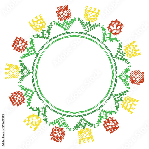 Floral Cross Stitch Wreath Pattern in Red, Yellow, and Green with Copy Space
