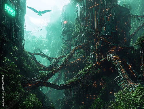 A dense ancient rainforest intertwined with glowing cybernetic roots overtaking a once-thriving futuristic civilization with holographic birds flying overhead