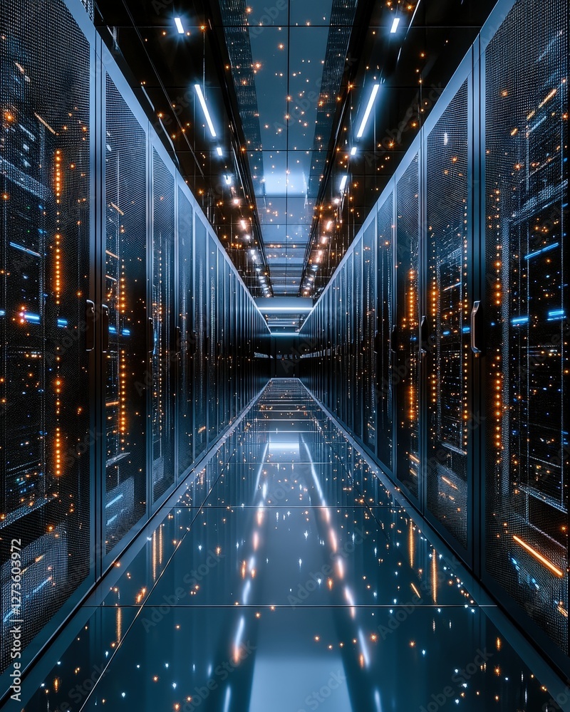 Servers process data in a data center with a futuristic, clean, high-tech environment Servers process data in a data center with a futuristic, clean, high-tech environment