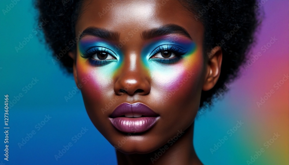 Fototapeta premium A close-up photograph of an African American woman with vibrant makeup and hair on a multicolored background.