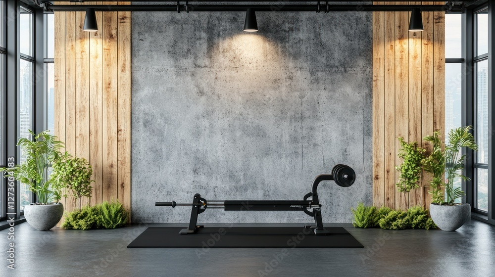 Concrete wall mockup in a modern gym interior with wooden wall bars, a black rowing machine, large windows, and subtle spotlights, loft design, 4K ultra-realistic photo