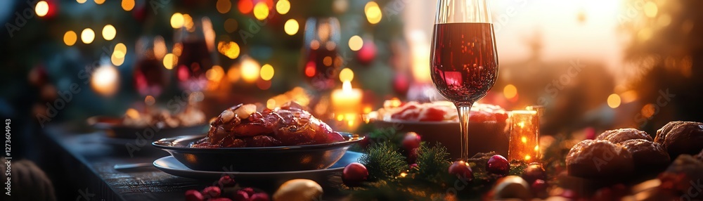Festive holiday table setting with glowing AR decorations, warm cozy lighting, vibrant food spread, photorealistic Festive holiday table setting with glowing AR decorations, warm cozy lighting, vibrant food spread, photorealistic