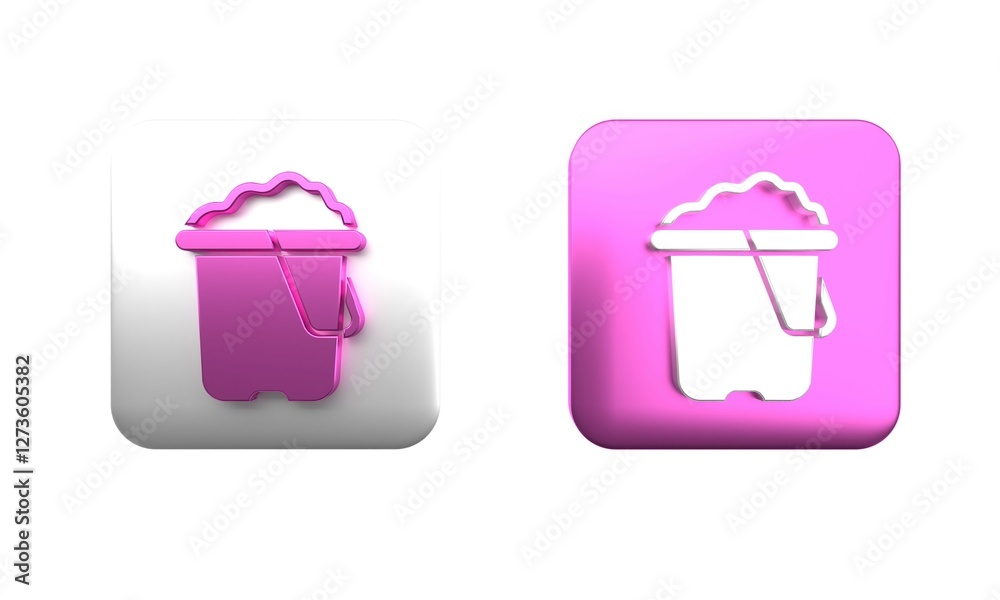 Colorful Sand in bucket icon isolated on white background. Plastic kid toy. Summer icon. Square button. 3D render illustration Colorful Sand in bucket icon isolated on white background. Plastic kid toy. Summer icon. Square button. 3D render illustration
