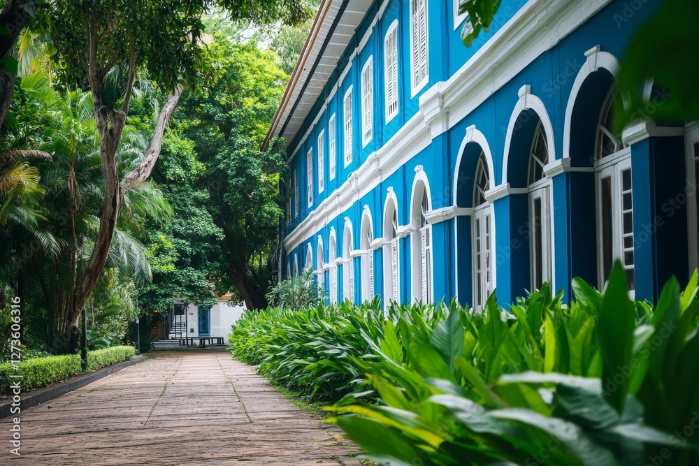 Naklejka premium Blue building with white trim and greenery.