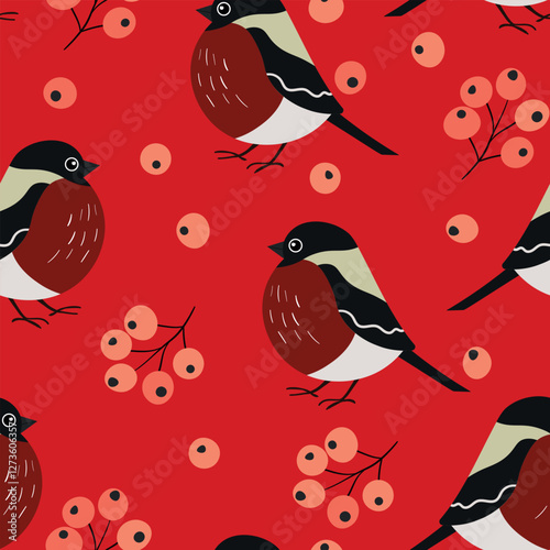 Seamless pattern with funny colorful bullfinch birds, flowers and berries. Color flat vector illustration with little cartoon bird. Cute characters. Design for invitation, card, textile, fabric.