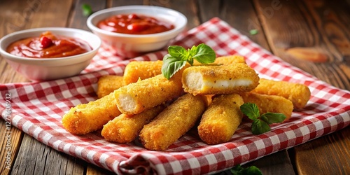 Crispy Mozzarella Sticks with Marinara Sauce on Red and White Checkered Paper - Stock Photo