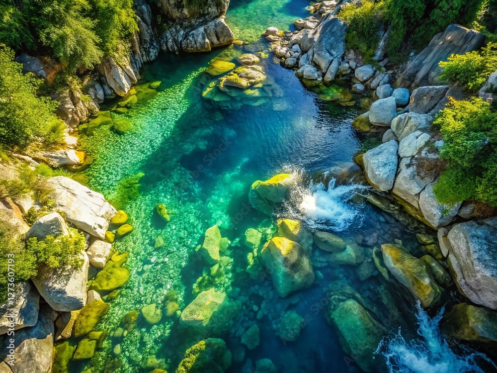Crystal Clear Mountain Spring Water: Aerial Close-Up View of Pristine Nature Crystal Clear Mountain Spring Water: Aerial Close-Up View of Pristine Nature