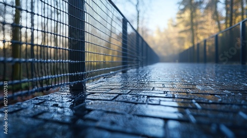 Wet paved walkway with metal fence in a park at sunrise